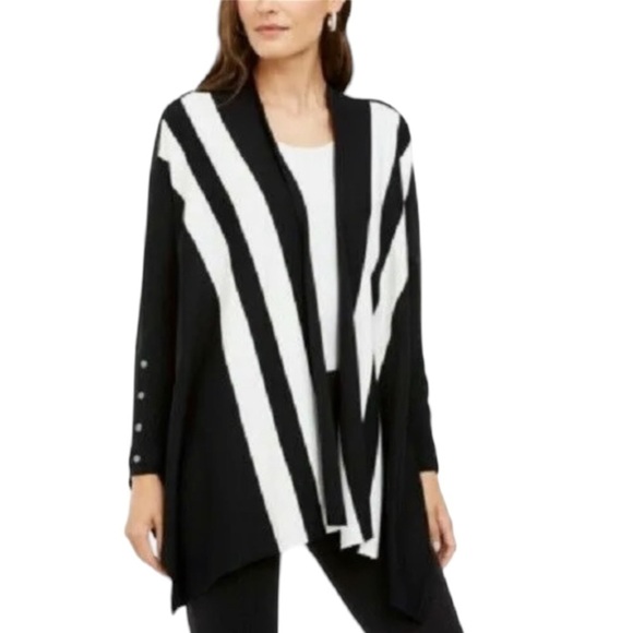 ALFANI Black & White Cardigan | Color Block Open Front Long Line - Picture 1 of 7